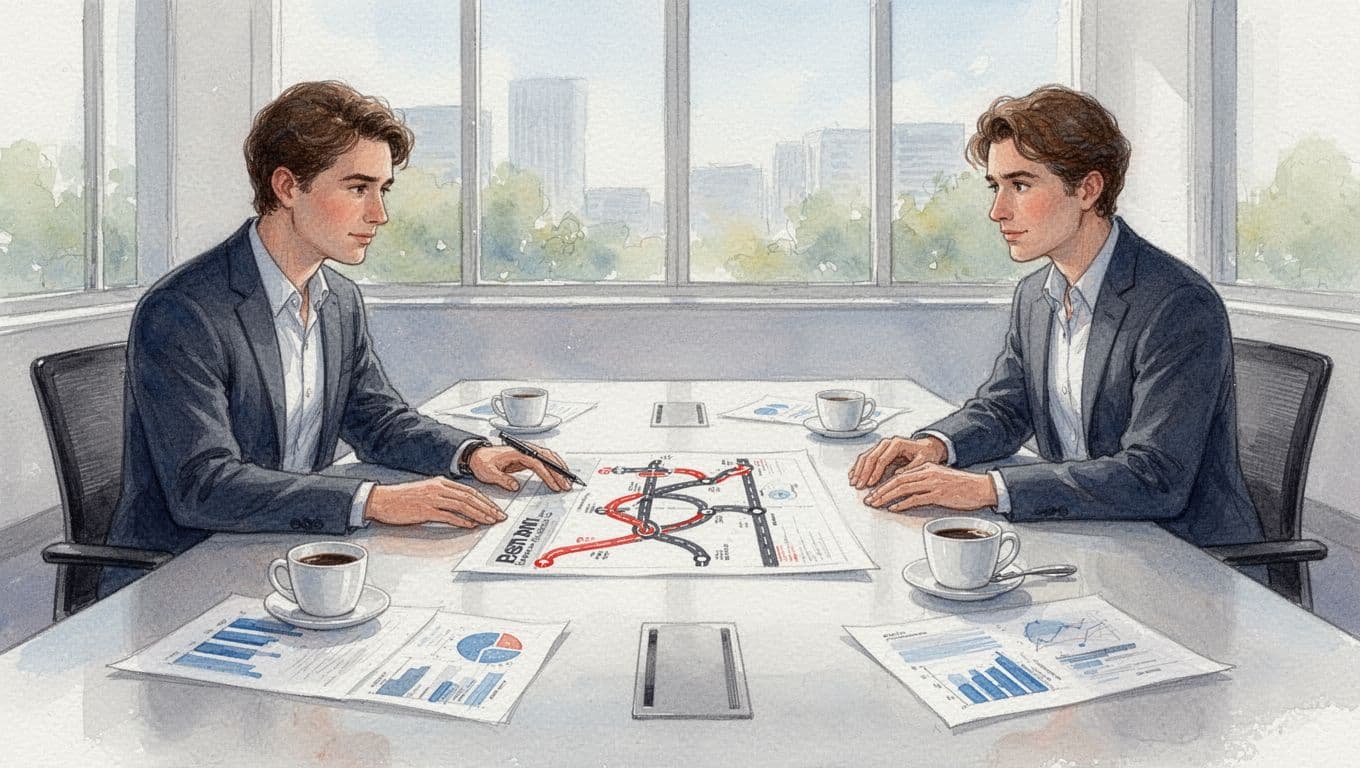 Business leader examines roadmap document with two relaxed colleagues at sunny boardroom table amid charts and coffee cups.