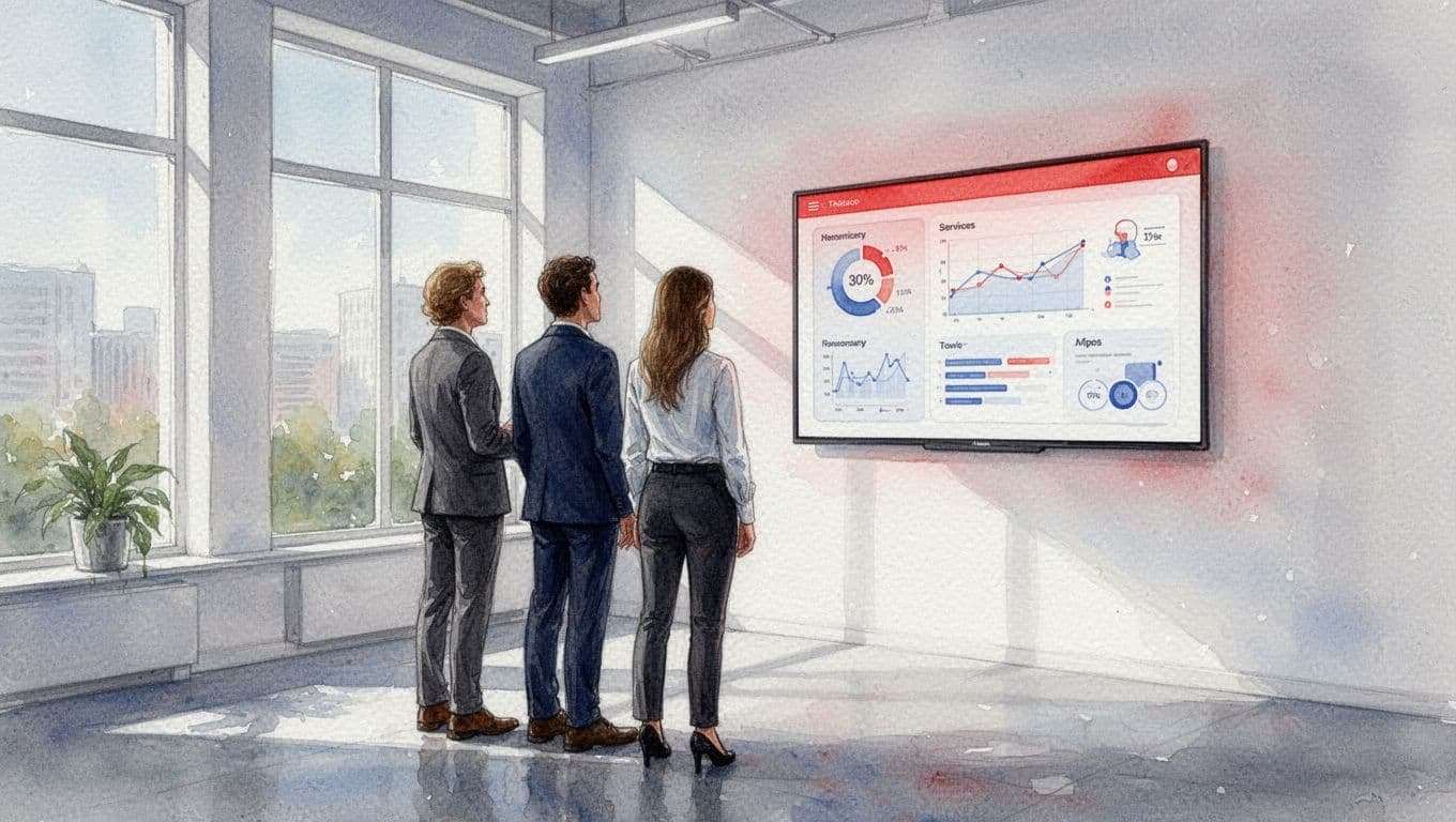 Three professionals stand in a bright office looking at a glowing red digital interface on a wall.