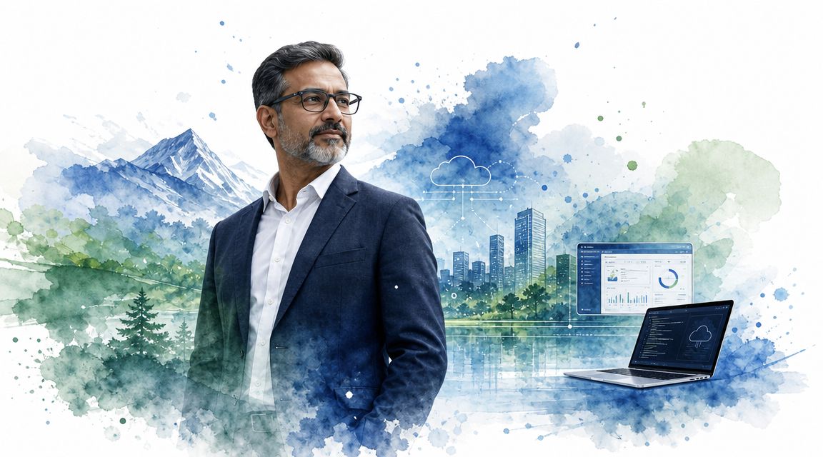 A professional man looking forward, blending into a watercolor background of mountains, cityscapes, and cloud technology data.