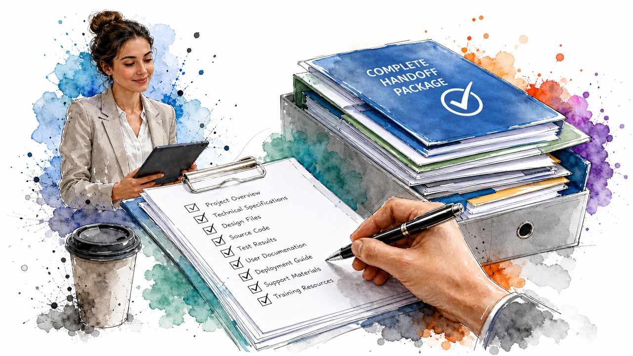 A professional checking off a list for a complete technology project handoff package at a desk.