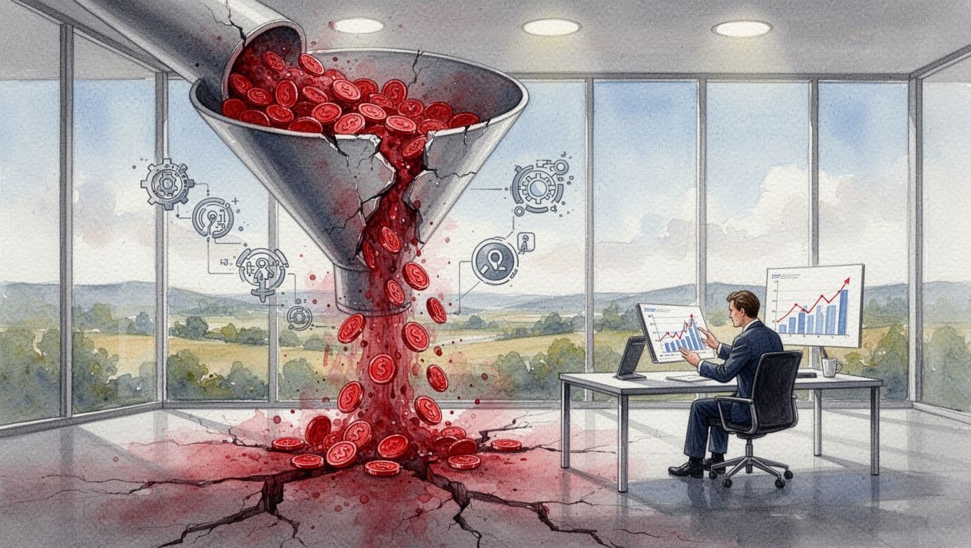 Watercolor painting of business funnel leaking red coins through subtle tech-issue cracks, with one executive at desk reviewing chart in modern office.
