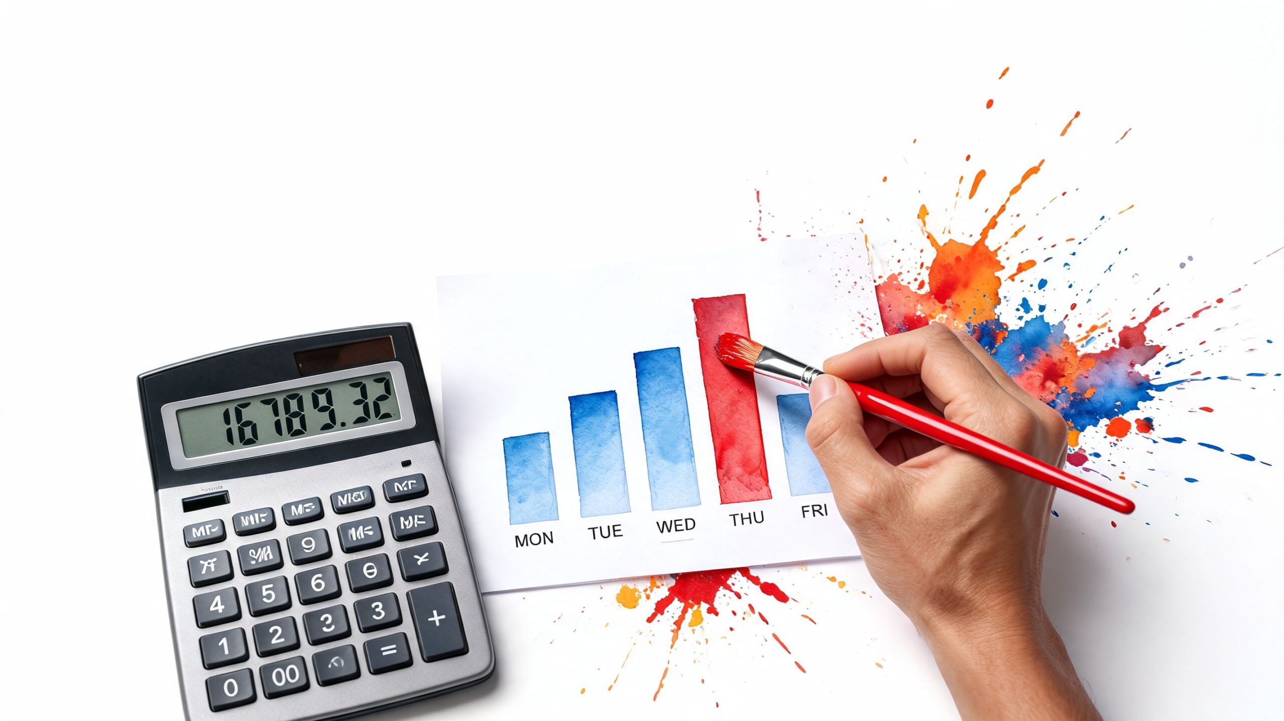 A hand painting a red bar on a business chart with a calculator displaying financial data nearby.
