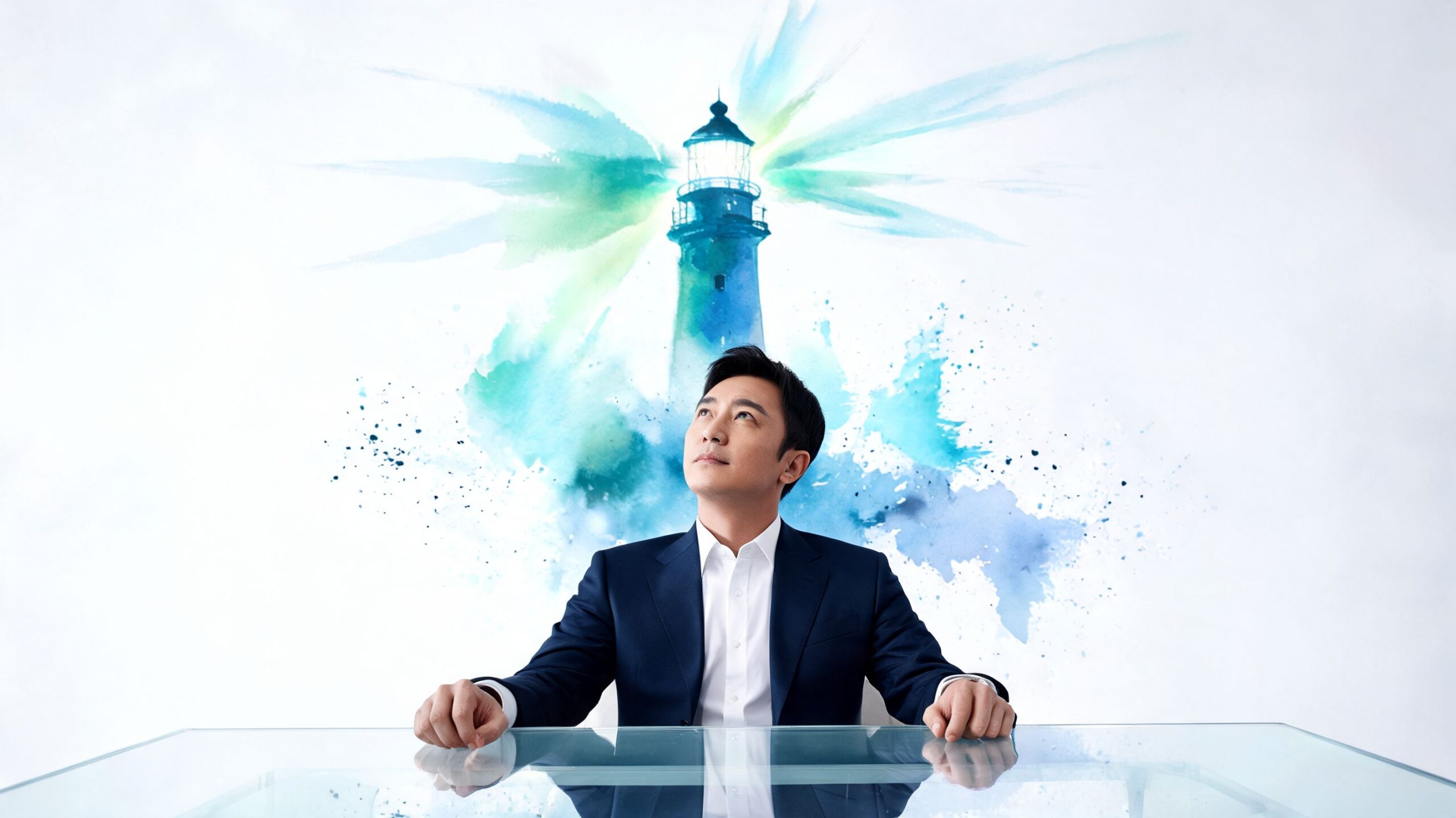 A professional businessman in a suit sitting at a desk gazing towards a watercolor lighthouse illustration