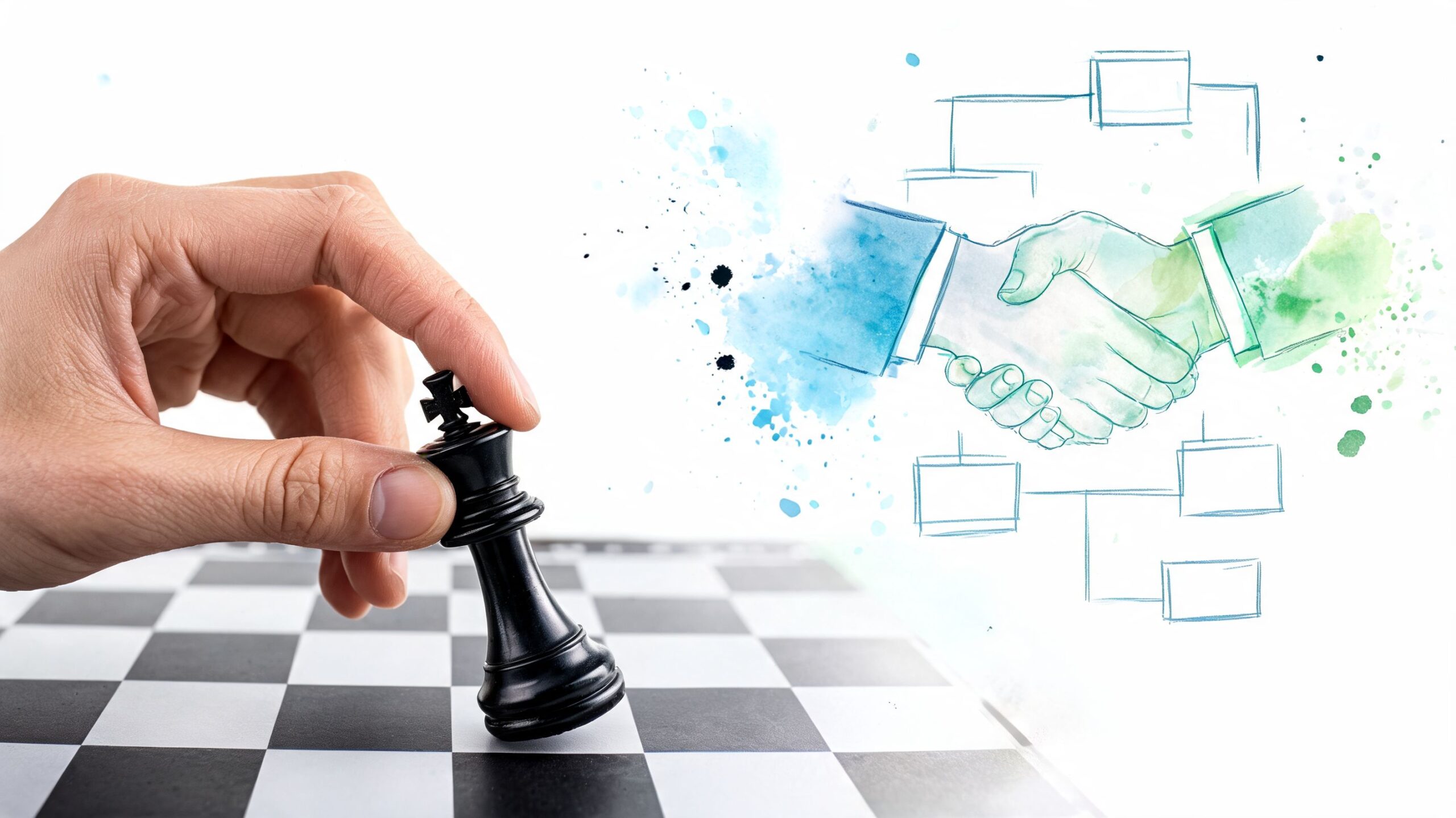 A hand placing a black chess king on a board next to a watercolor business handshake illustration.
