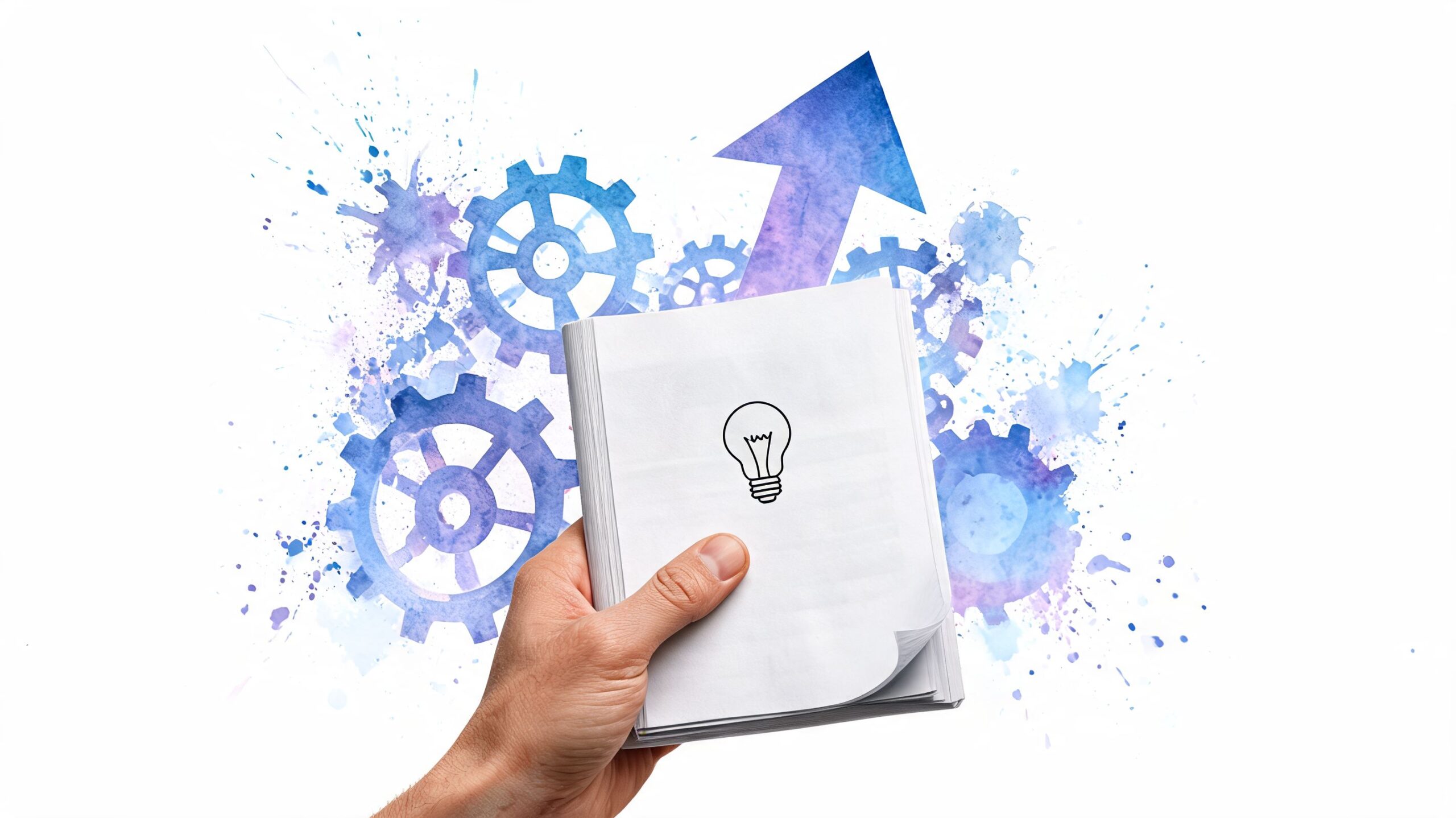 A hand holds a notepad with a lightbulb icon against a background of watercolor gears and an arrow.