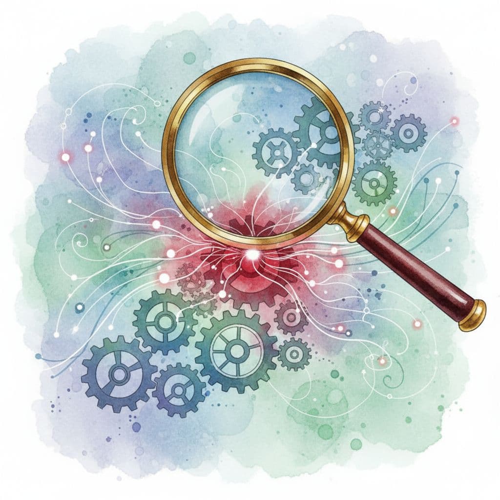 A magnifying glass focuses on interconnected gears and data streams rendered in a soft watercolor style.