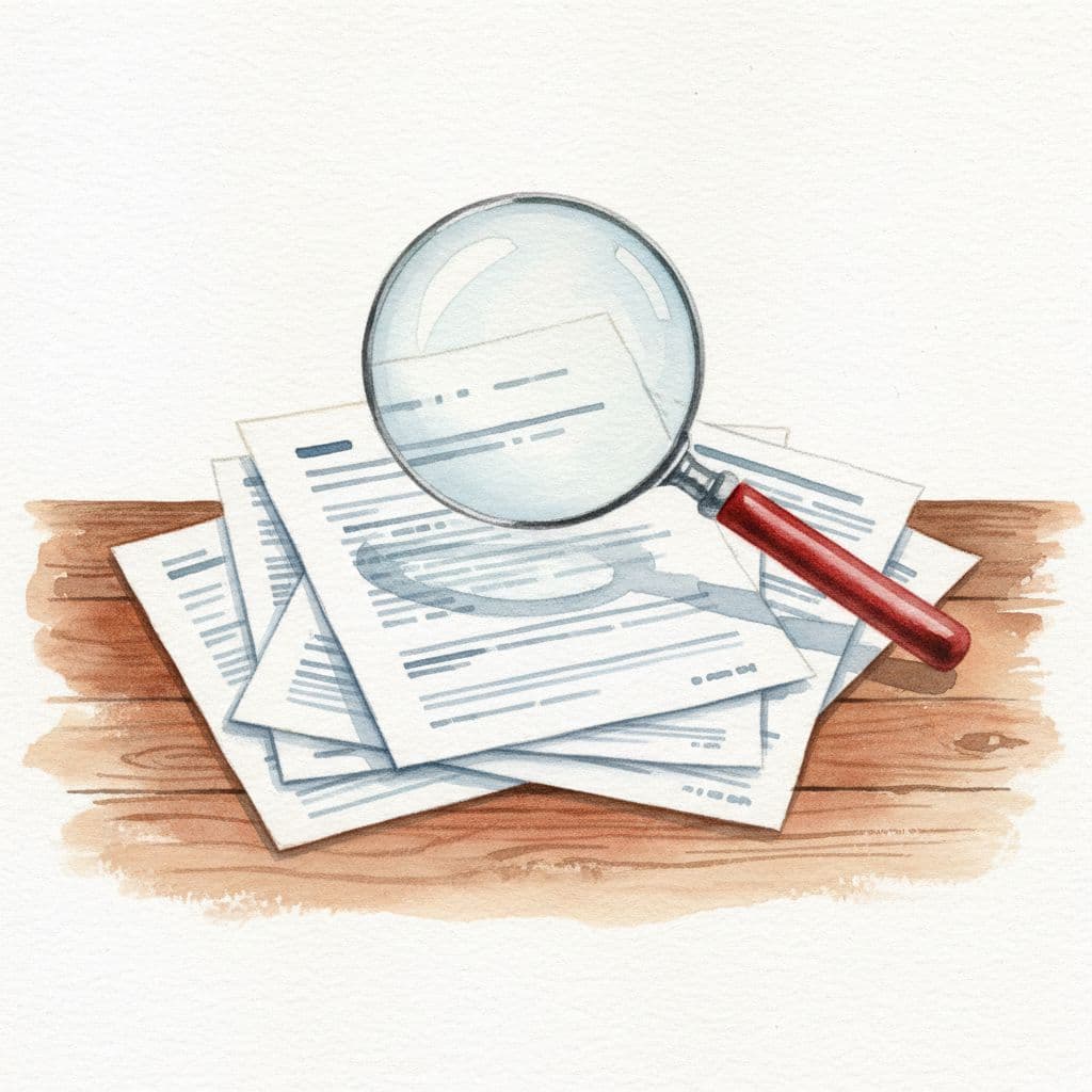 A watercolor magnifying glass hovers over stacked office papers on a wooden desk with red accents.