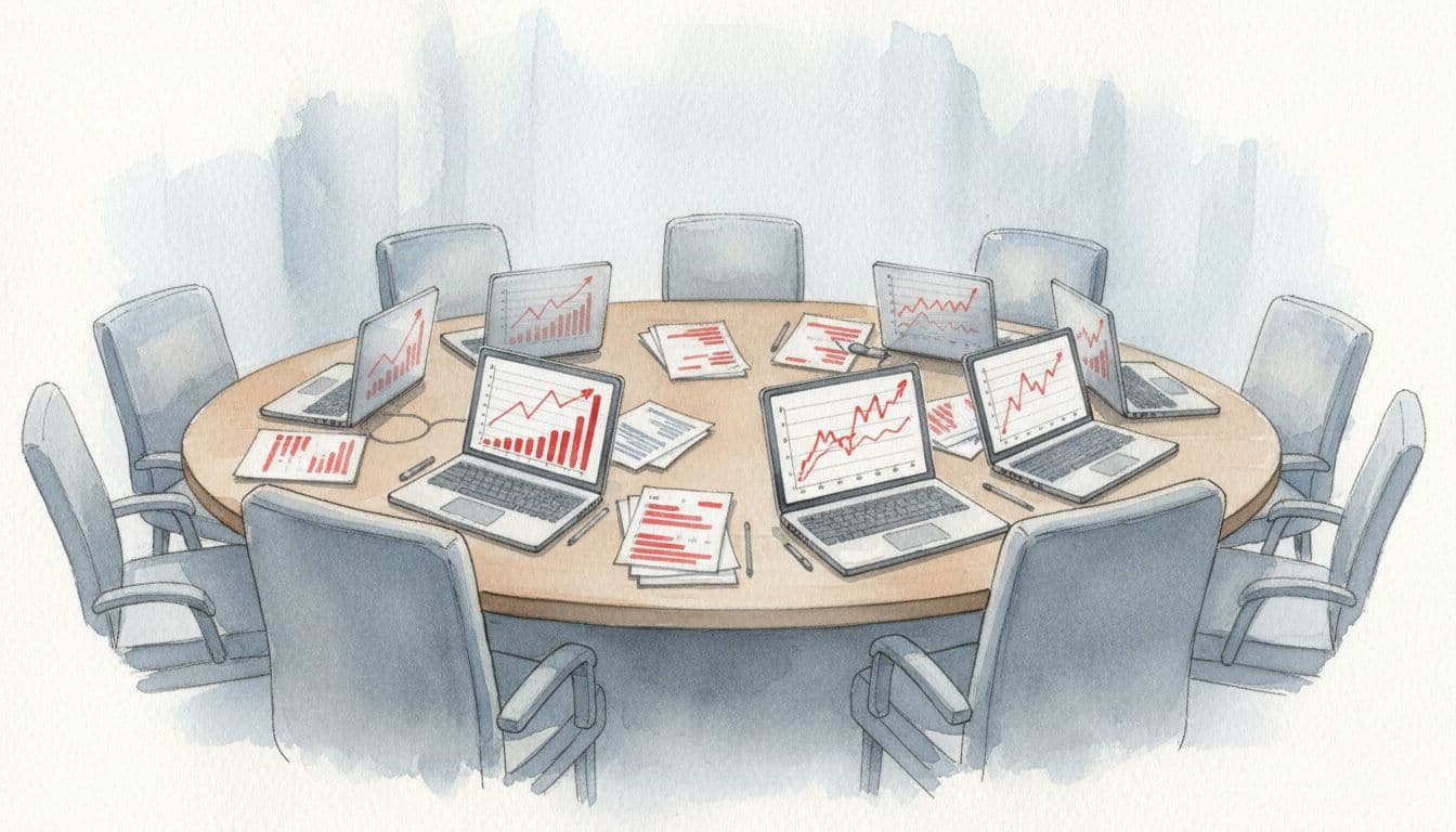 Watercolor-style conference table cluttered with scattered reports and laptops displaying mismatched charts, empty chairs around under soft lighting.