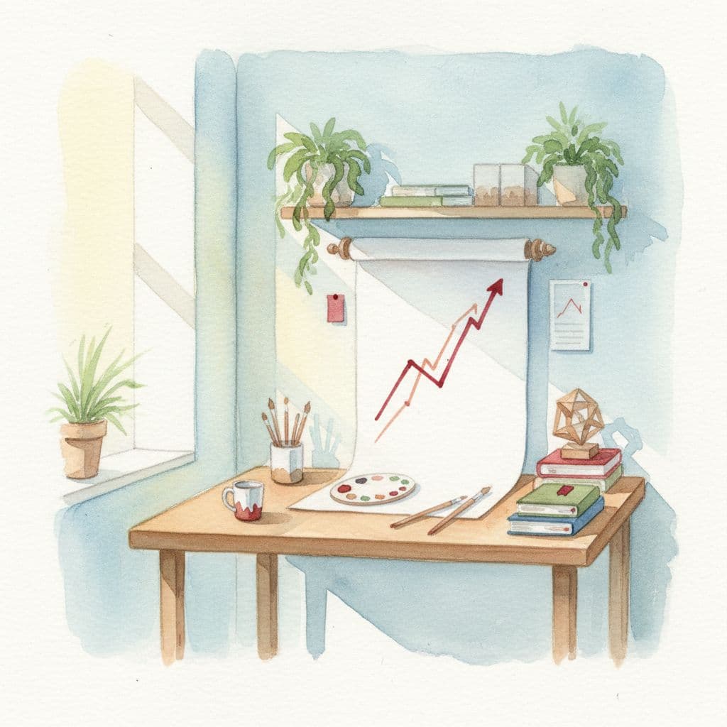 A single wooden desk sits in a clean, airy room rendered in soft, textured watercolor washes.