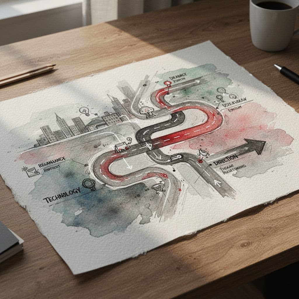 A minimalist watercolor roadmap illustration on paper with muted tones and bold red accent marks.