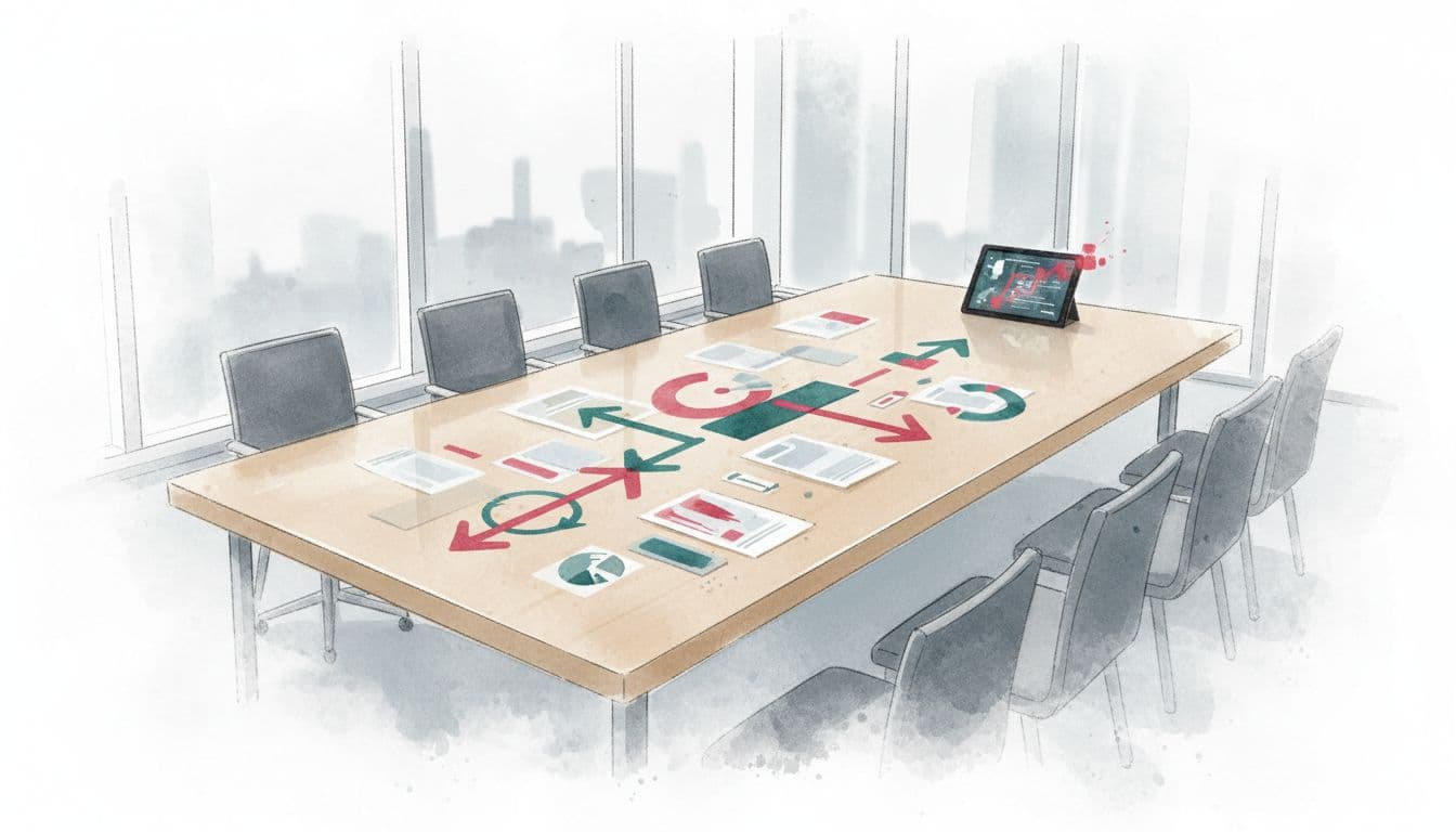 A watercolor boardroom table features abstract papers and a tablet with red accents for a clean, strategic look.