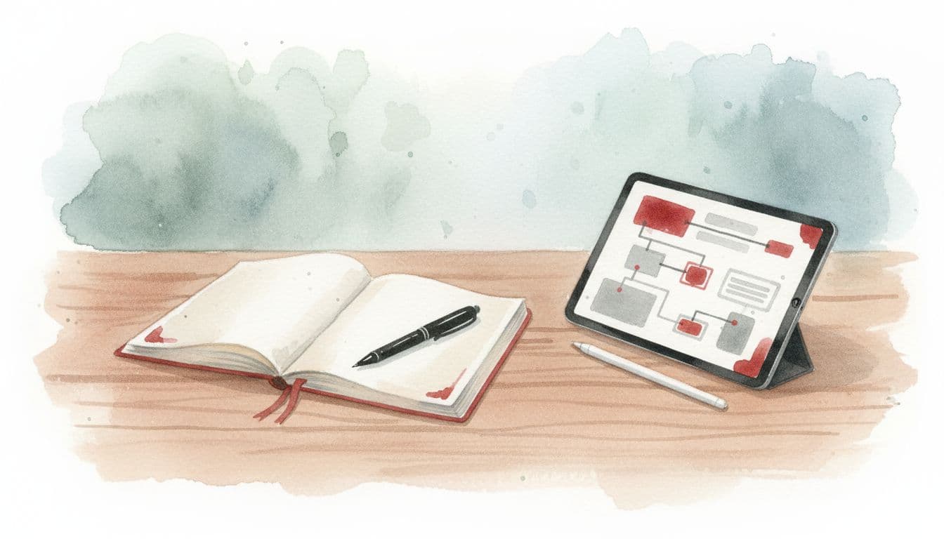 A watercolor-style wooden desk featuring a notebook, pen, and tablet with a red accent color.