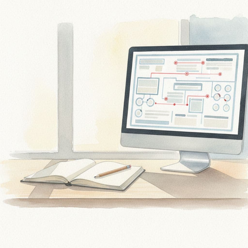 A minimalist watercolor scene features a tidy desk with a notebook, pencil, and a clear digital roadmap displayed.