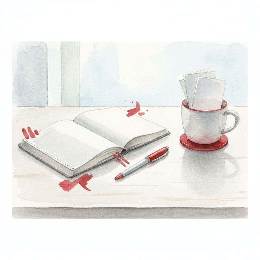 A clean watercolor desk surface features a leather notebook and a single pen with red accents.