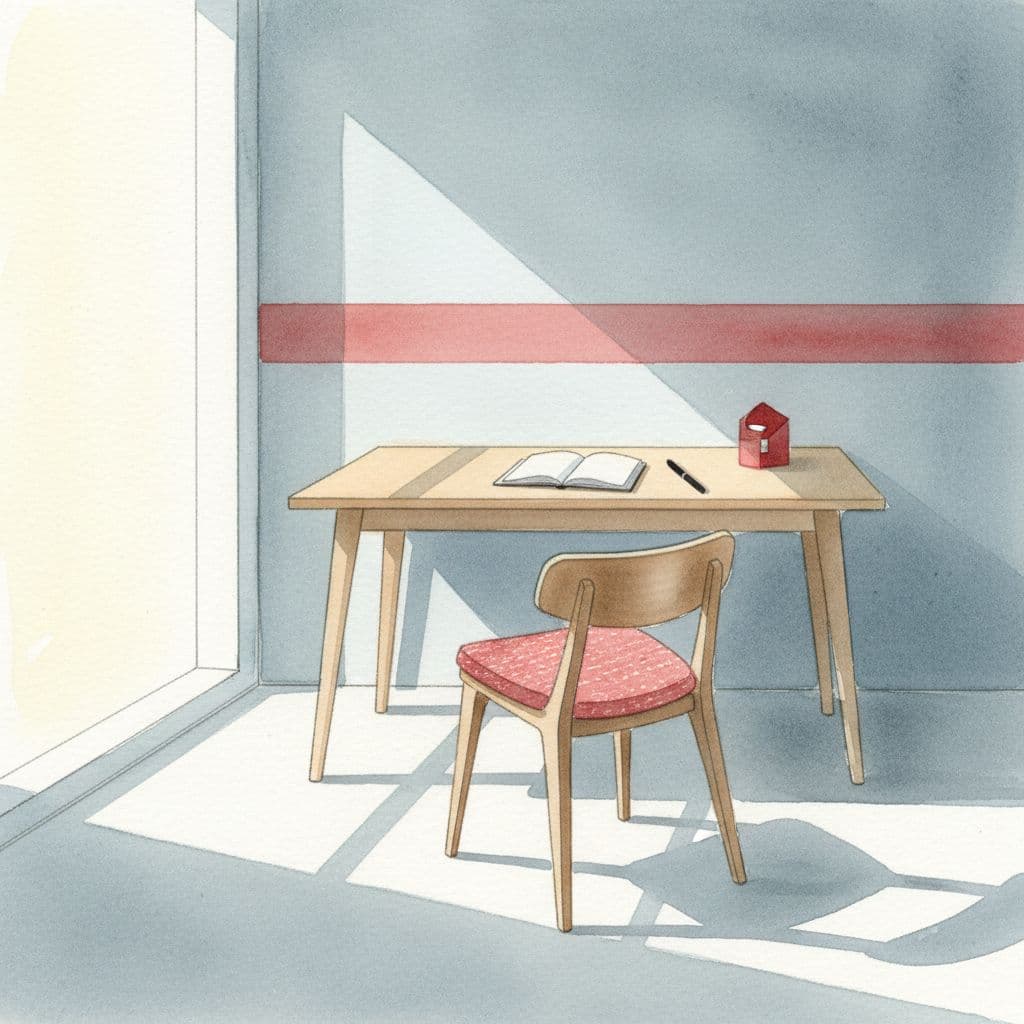 An open notebook and pen rest on a clean wooden desk bathed in soft morning light.