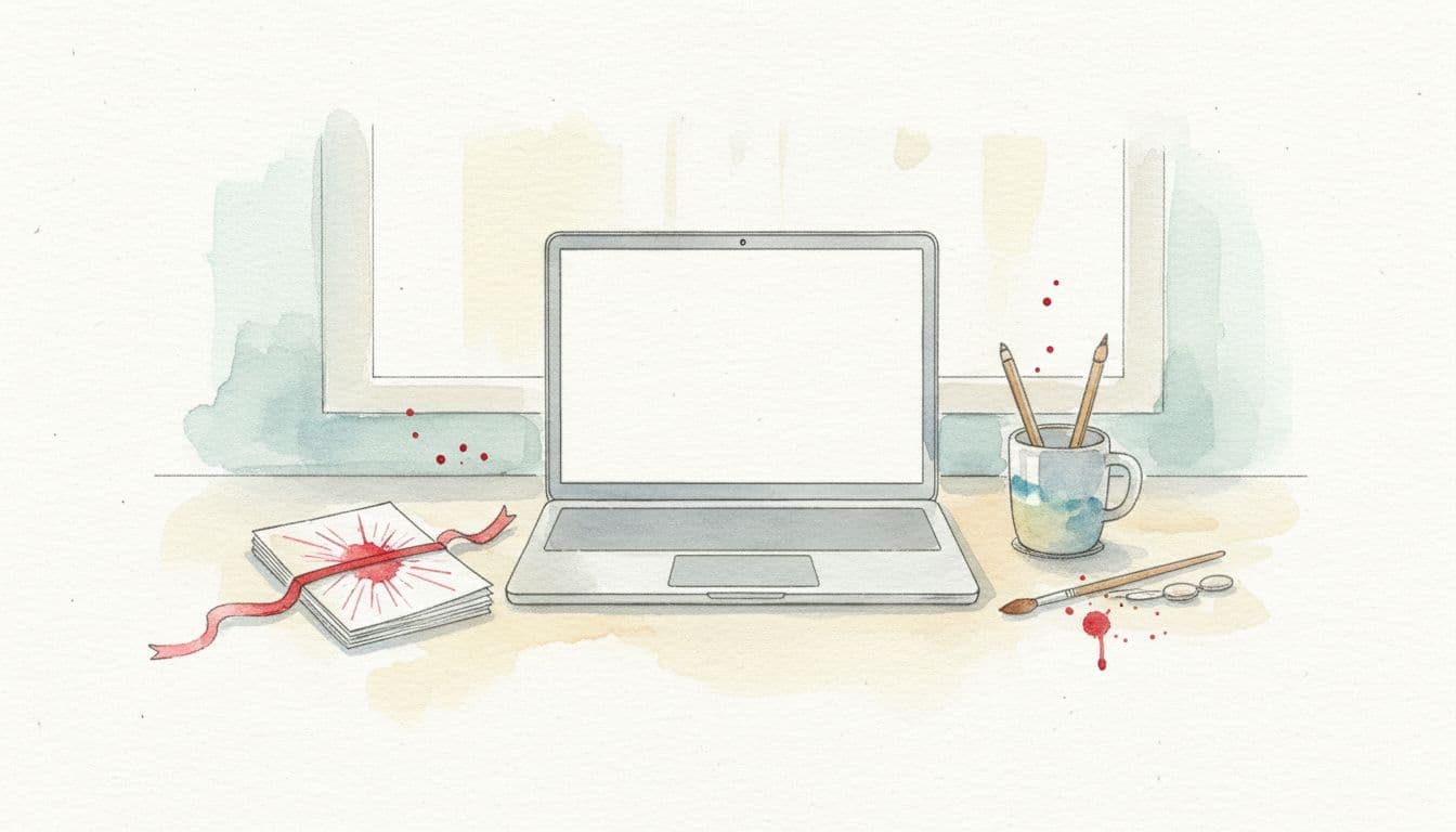 A soft watercolor illustration features a tidy desk holding a laptop and neatly stacked documents. Gentle paper textures highlight a single red accent page, emphasizing order amidst a calming artistic aesthetic.