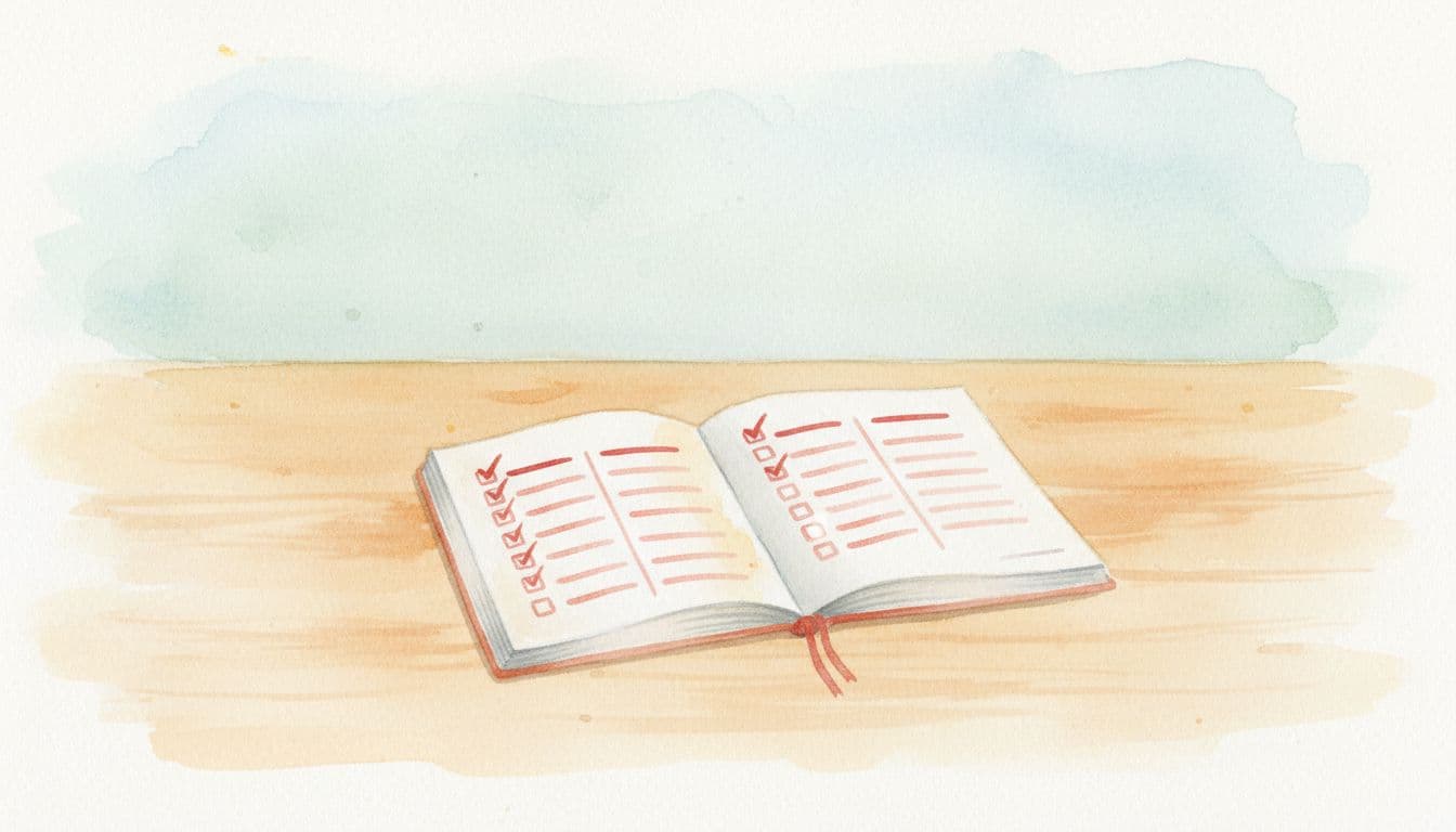 Clean wooden desk holds open notebook with organized checkmark lists in watercolor style and red accents.