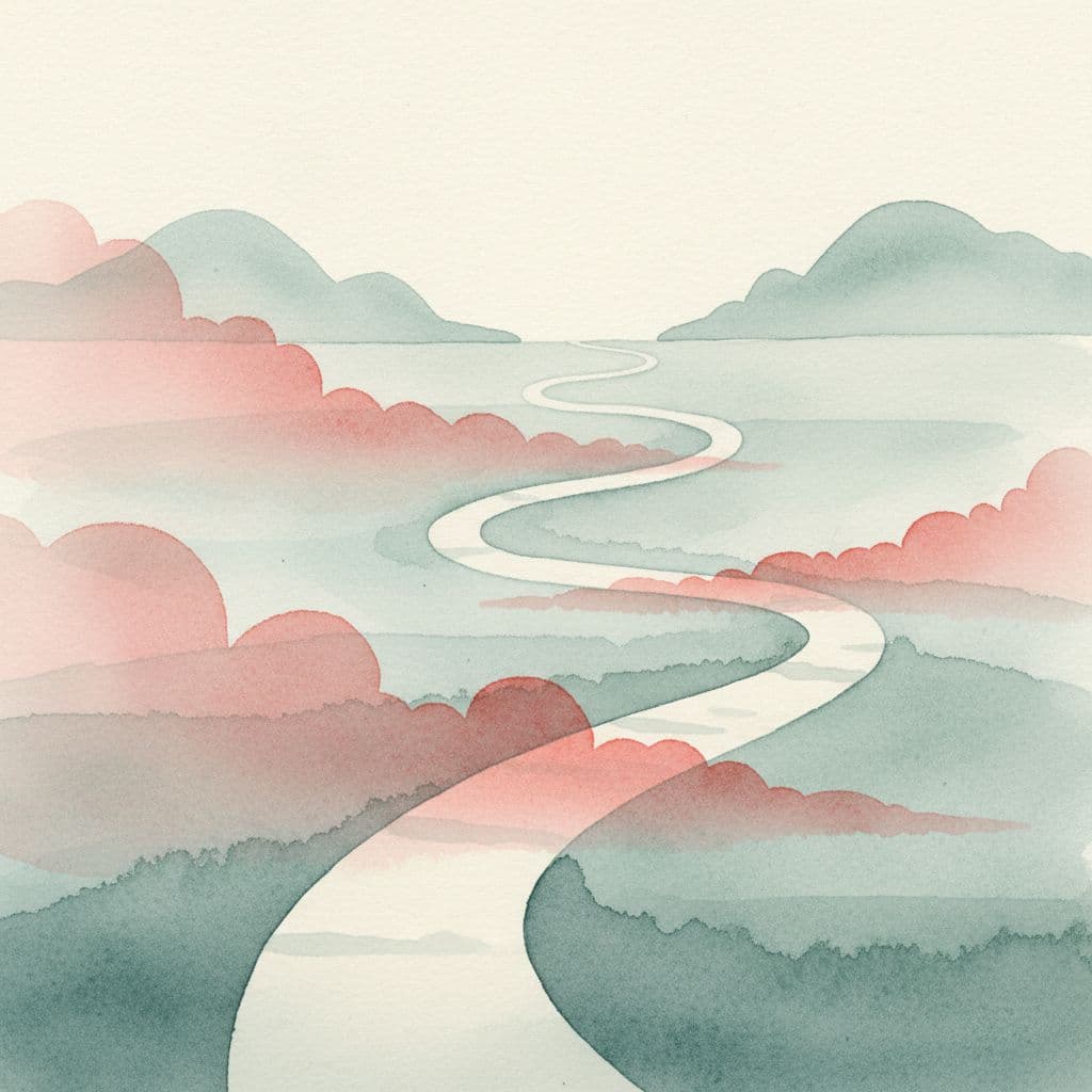 Watercolor illustration of winding path through landscape, partially obscured by red and grey mist, with paper texture.