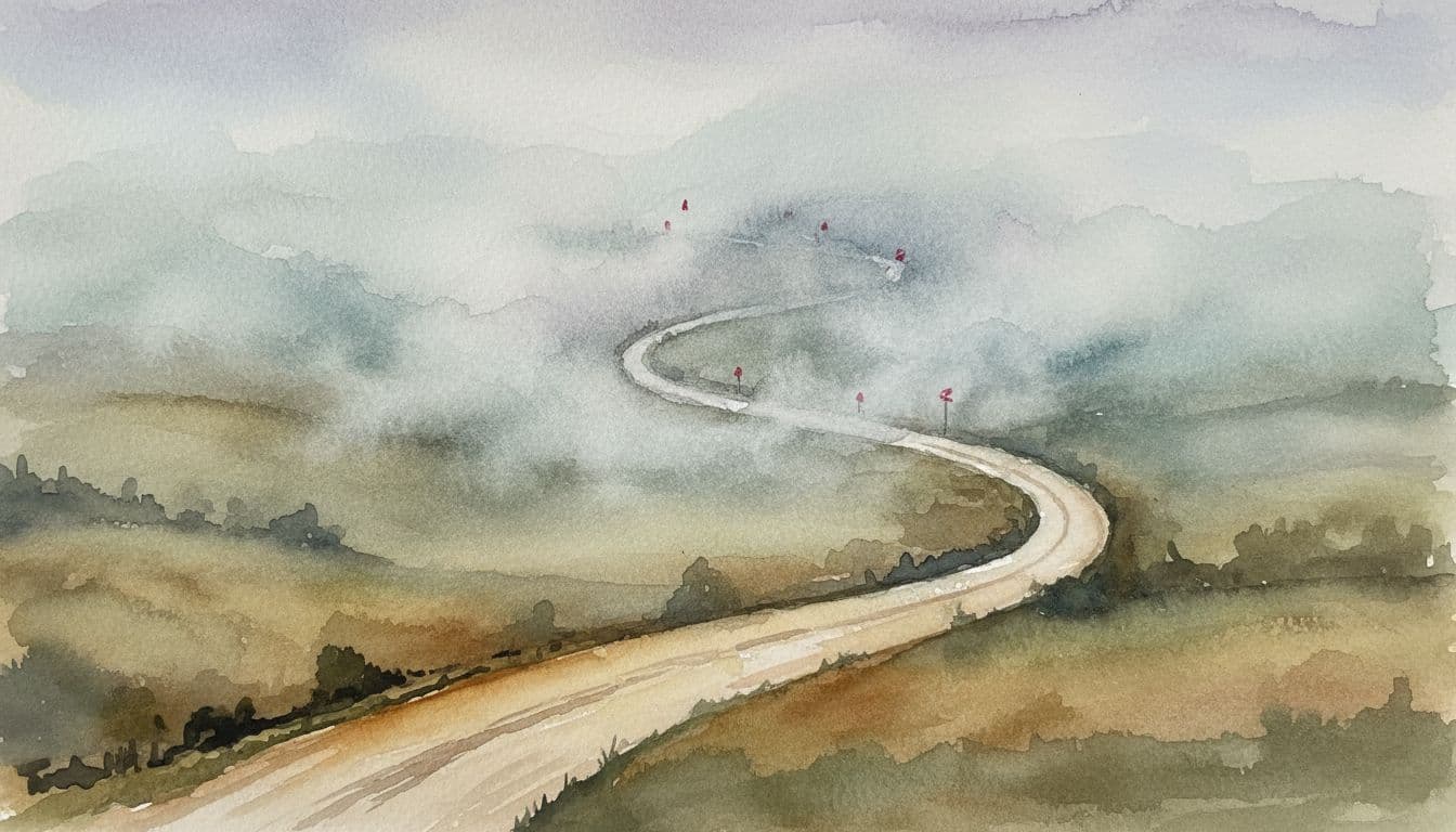 Aerial watercolor view of dirt road veering sharply into dense fog in misty rural landscape.