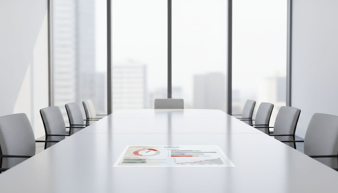 Clean modern boardroom table with single watercolor-style dashboard printout showing metrics, empty chairs, natural window light.