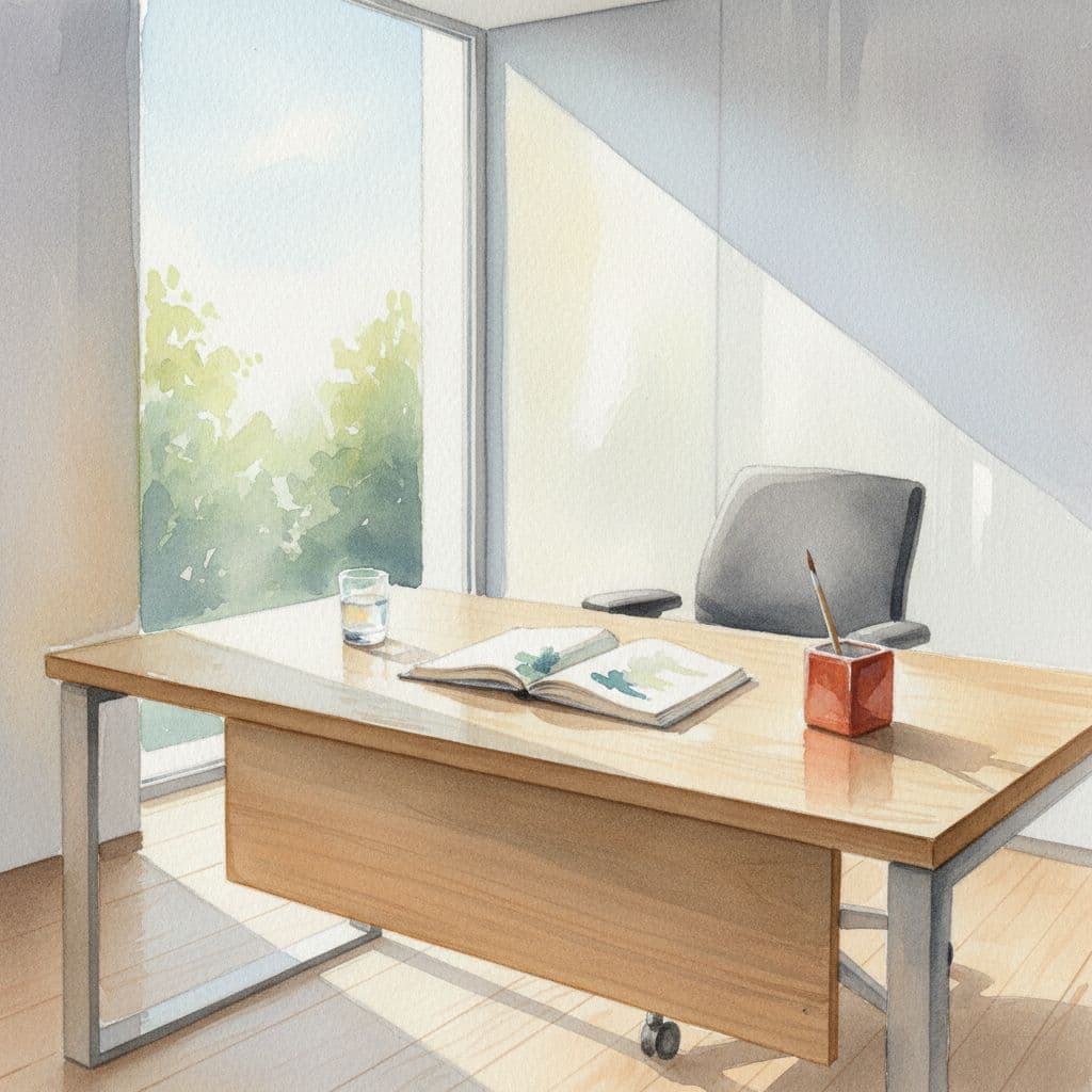 A clean wooden desk sits in a sunlit office featuring a single notebook and a red accent.