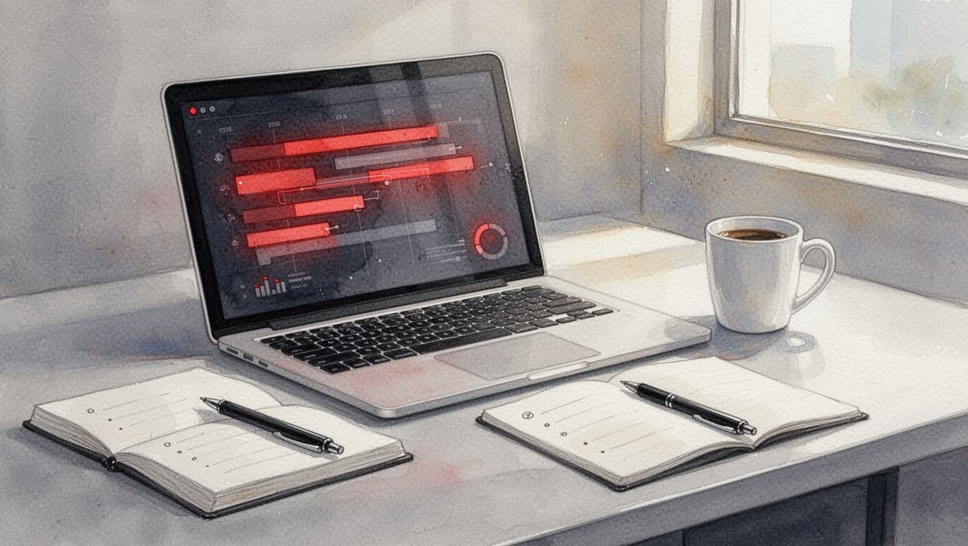 Watercolor modern office desk with open laptop showing blurred abstract timeline bars, notebook, pen, and white mug.
