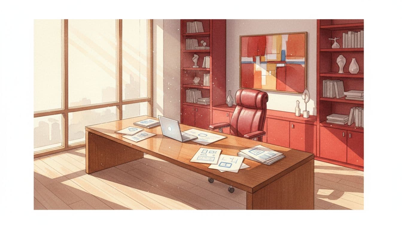 A watercolor illustration of a wide desk features a sleek laptop amidst scattered paper documents. Natural light streams from a window across the surface, highlighting vibrant red interior design accents.