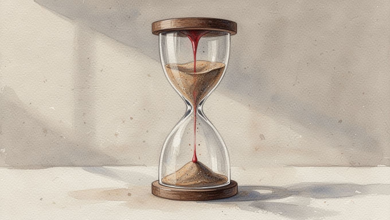 Watercolor hourglass with narrow center, sand piling above and trickling below.