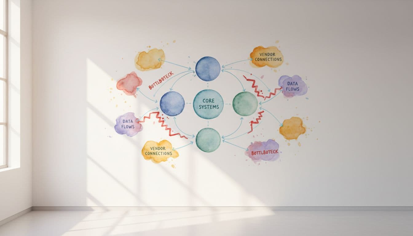 Office whiteboard displays watercolor-style map with icons for core systems, vendor links, data flows, and red bottlenecks connected by thin lines.