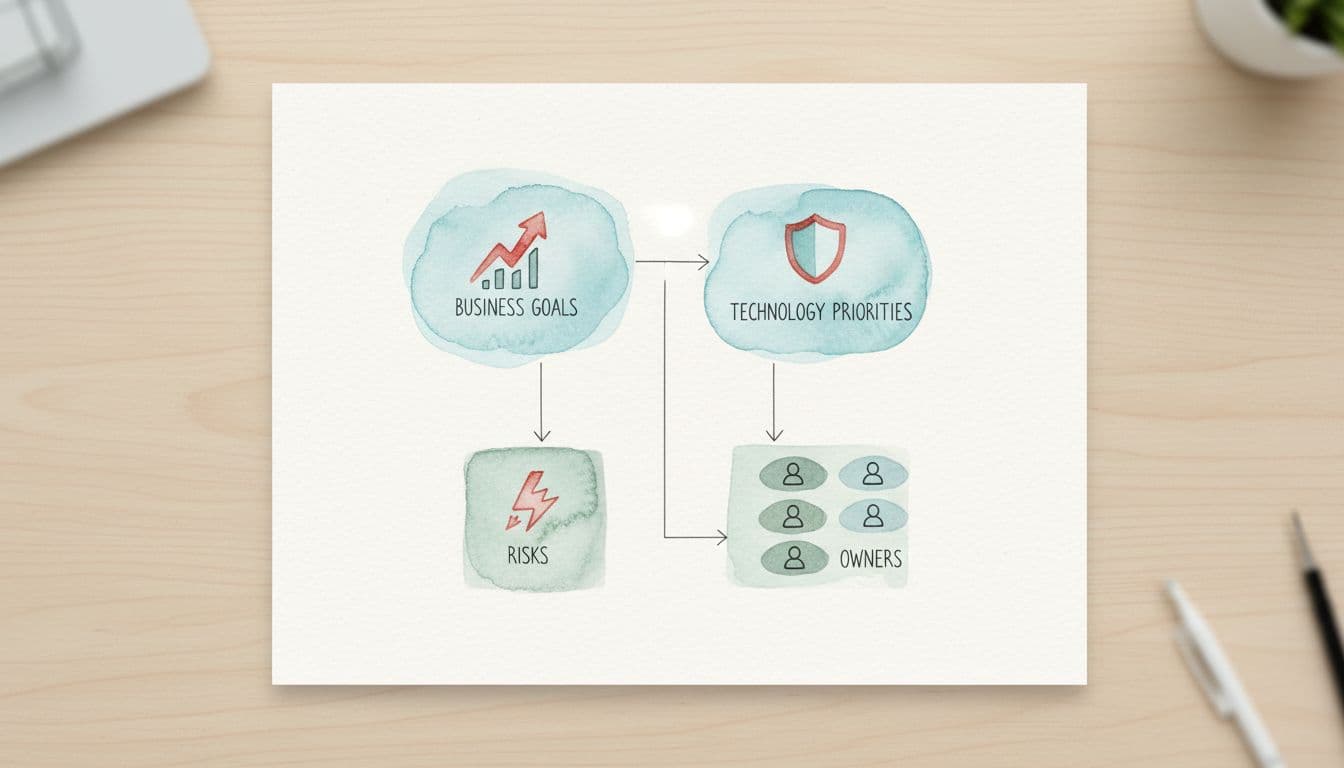 Watercolor flowchart on paper links business goals to tech priorities, risks below, owners right, with red-accented growth and shield icons on light desk.