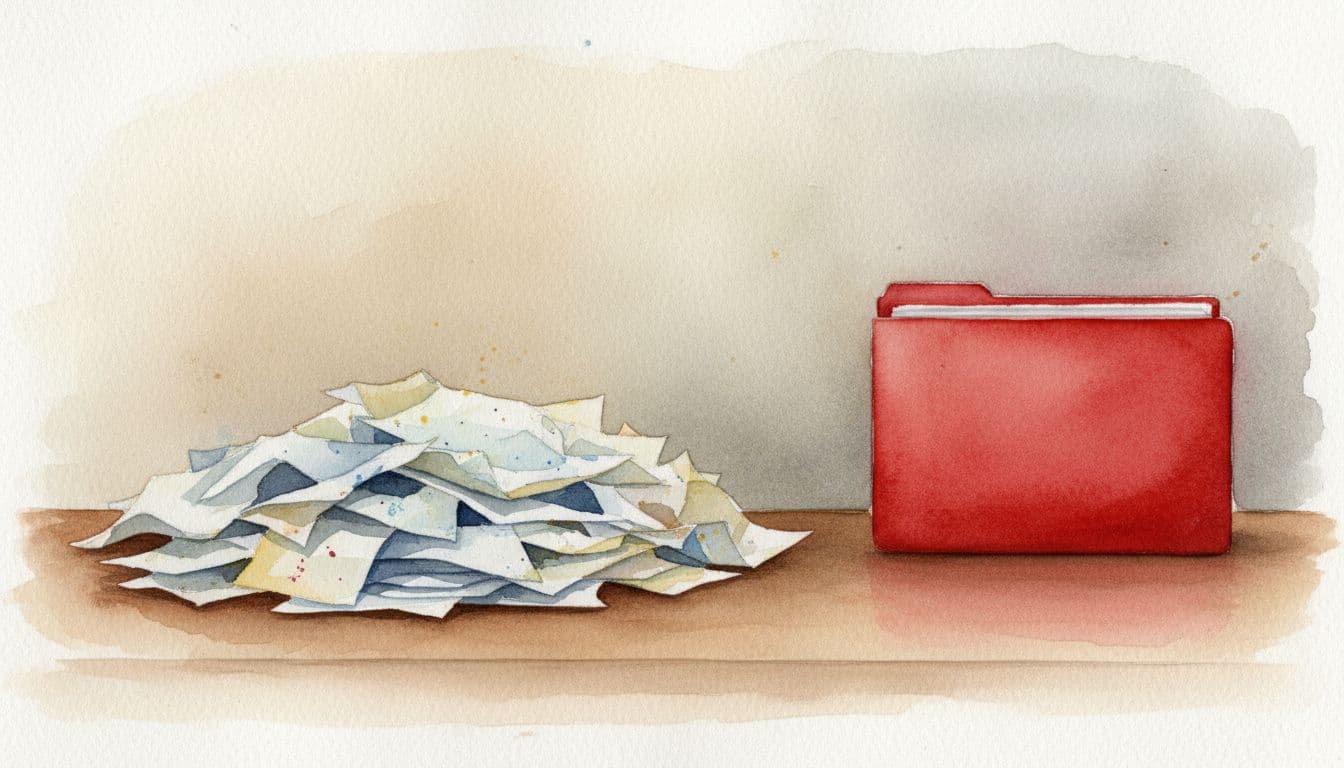 A watercolor painting displays messy loose papers shifting into a clean, structured red folder. The transition visualizes a progression from unorganized clutter to a clear, professional path for critical project data.