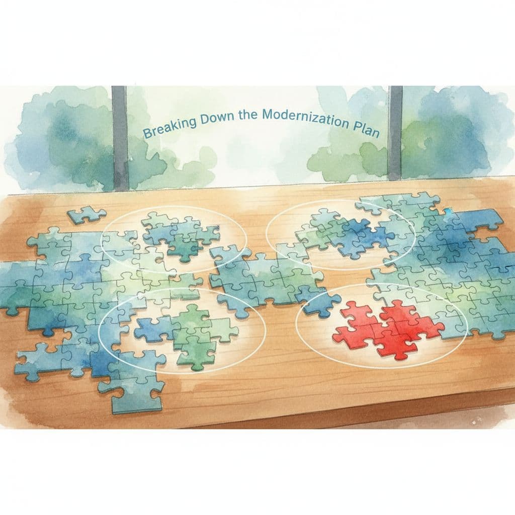 A watercolor illustration shows puzzle pieces being sorted into distinct, organized sections on a wooden desk.