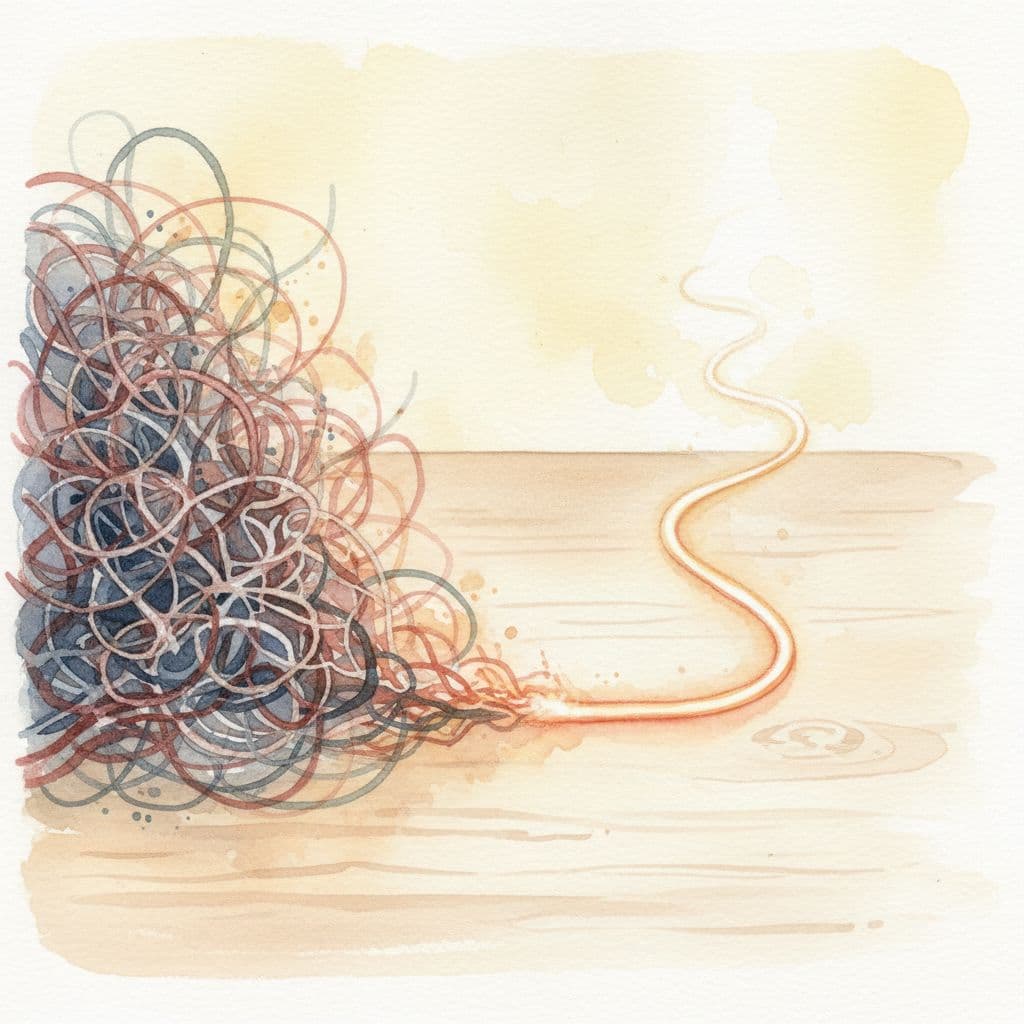 A watercolor illustration shows tangled desk cables transforming into a single, neat, glowing line.