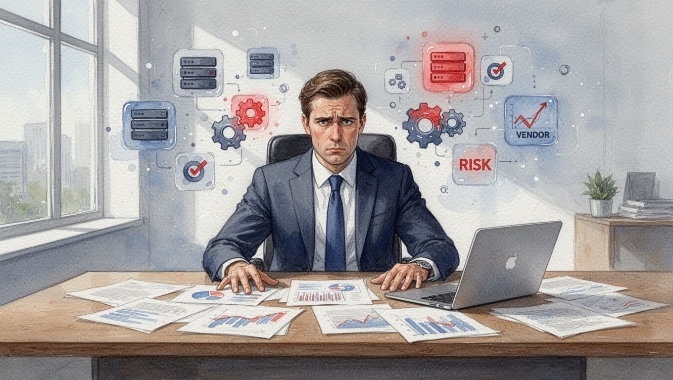 CEO in business attire sits at wooden desk cluttered with papers, charts, laptops; blurred floating server, gear, risk icons in watercolor background.