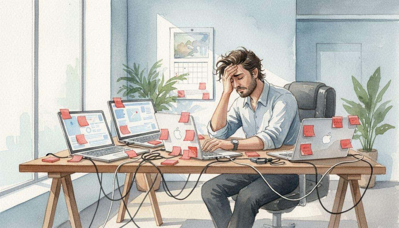 Executive at wooden desk with laptops, tangled cables, red sticky notes, hand on forehead, watercolor style.
