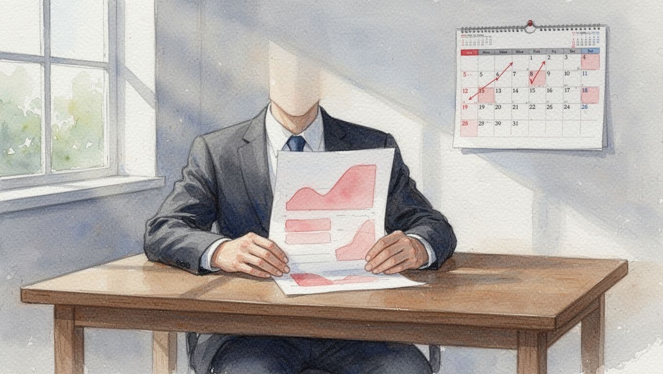 Calm executive at wooden desk reviews tech roadmap with red highlights and charts, calendar shows sparse part-time schedule, watercolor style.