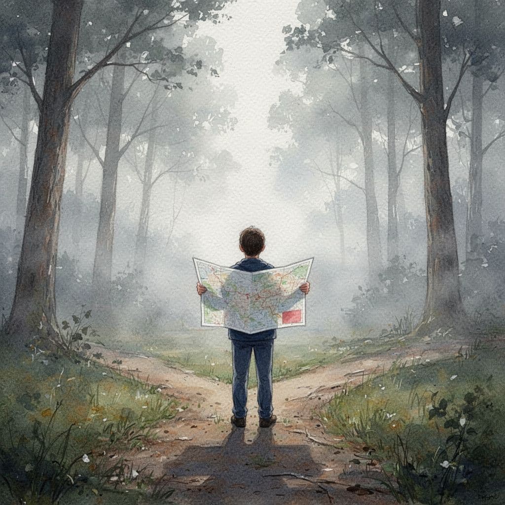 A person stands at a forest crossroads studying a blurred map with a subtle red accent.