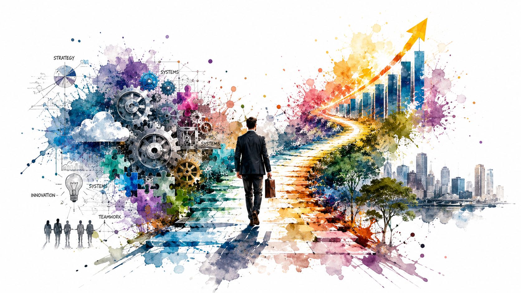 A businessman walking on a colorful path towards a growing bar chart and city skyline illustration.