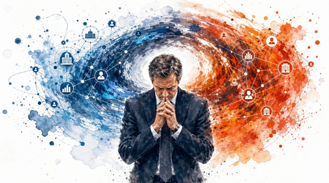 A contemplative businessman surrounded by swirling blue and orange digital network graphics representing organizational change and integration.