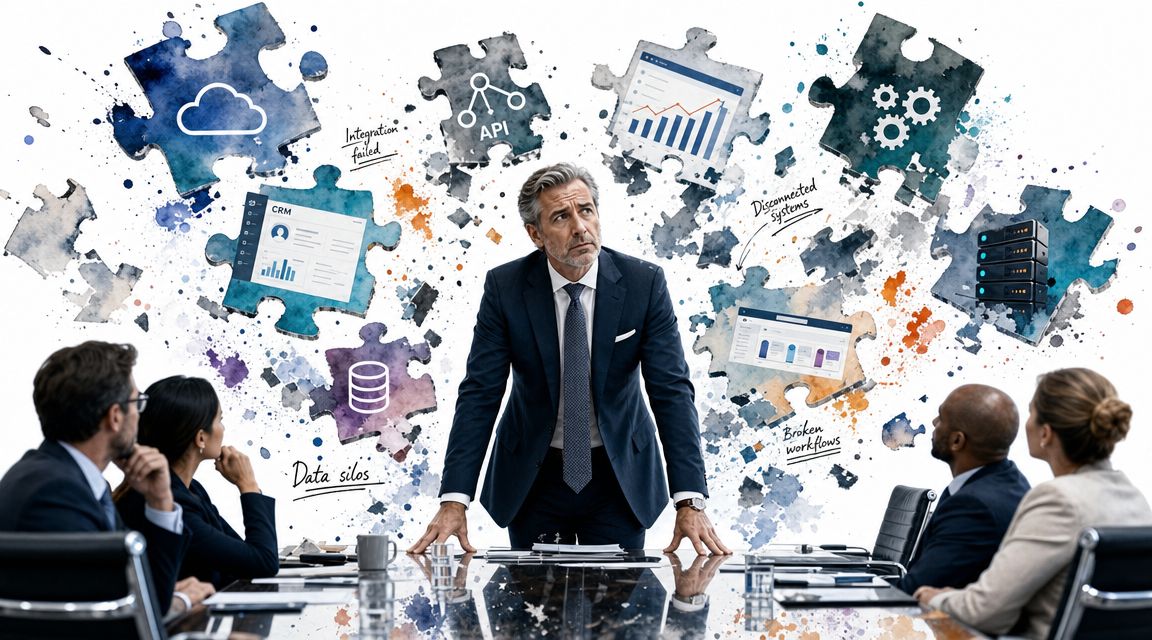 A concerned businessman leading a boardroom meeting with conceptual puzzle pieces depicting corporate technology integration challenges.