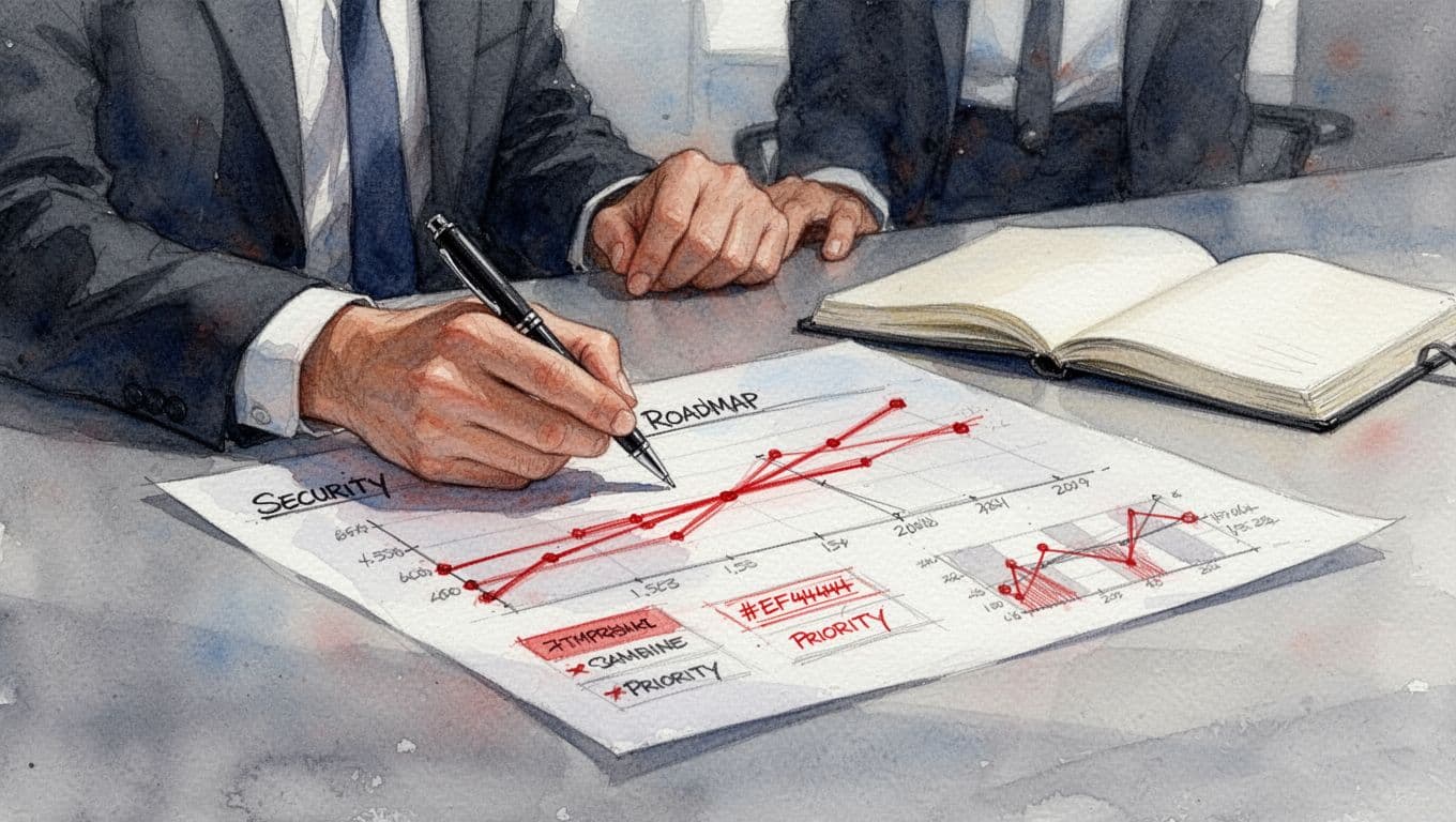 A professional at a desk sketches a simple cybersecurity roadmap with red-accented timelines on paper in watercolor style.