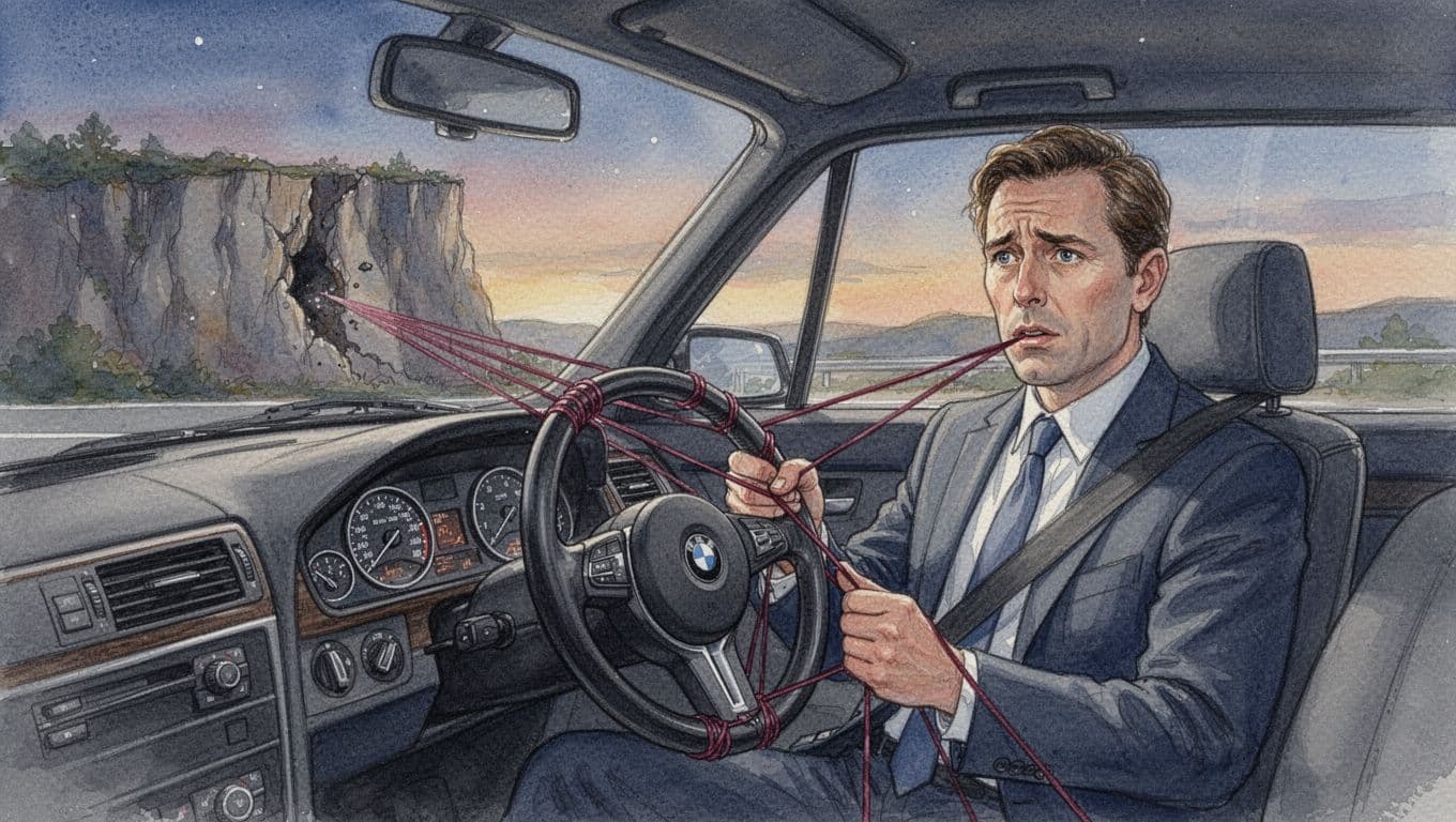 Watercolor of concerned executive driver as red puppet strings pull steering wheel toward cliff on dusky highway.