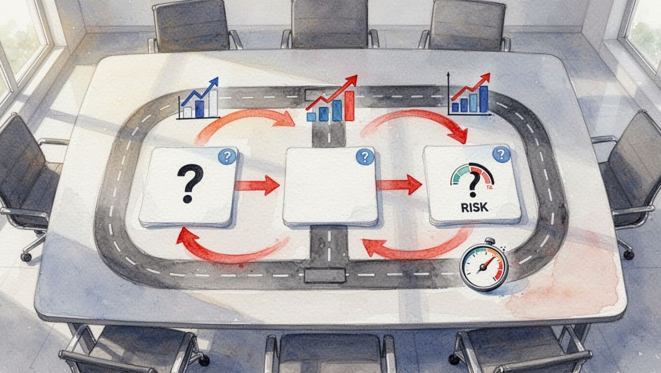 Watercolor top-down view of conference table roadmap with three question cards connected by red arrows to growth chart and risk icons.