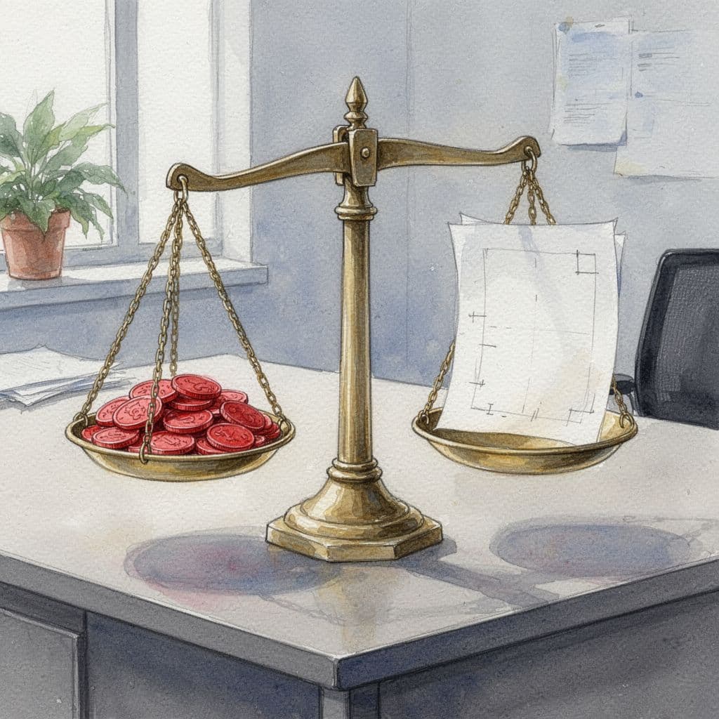 Watercolor scale in simple office balances red coins on one side against clear roadmap document.
