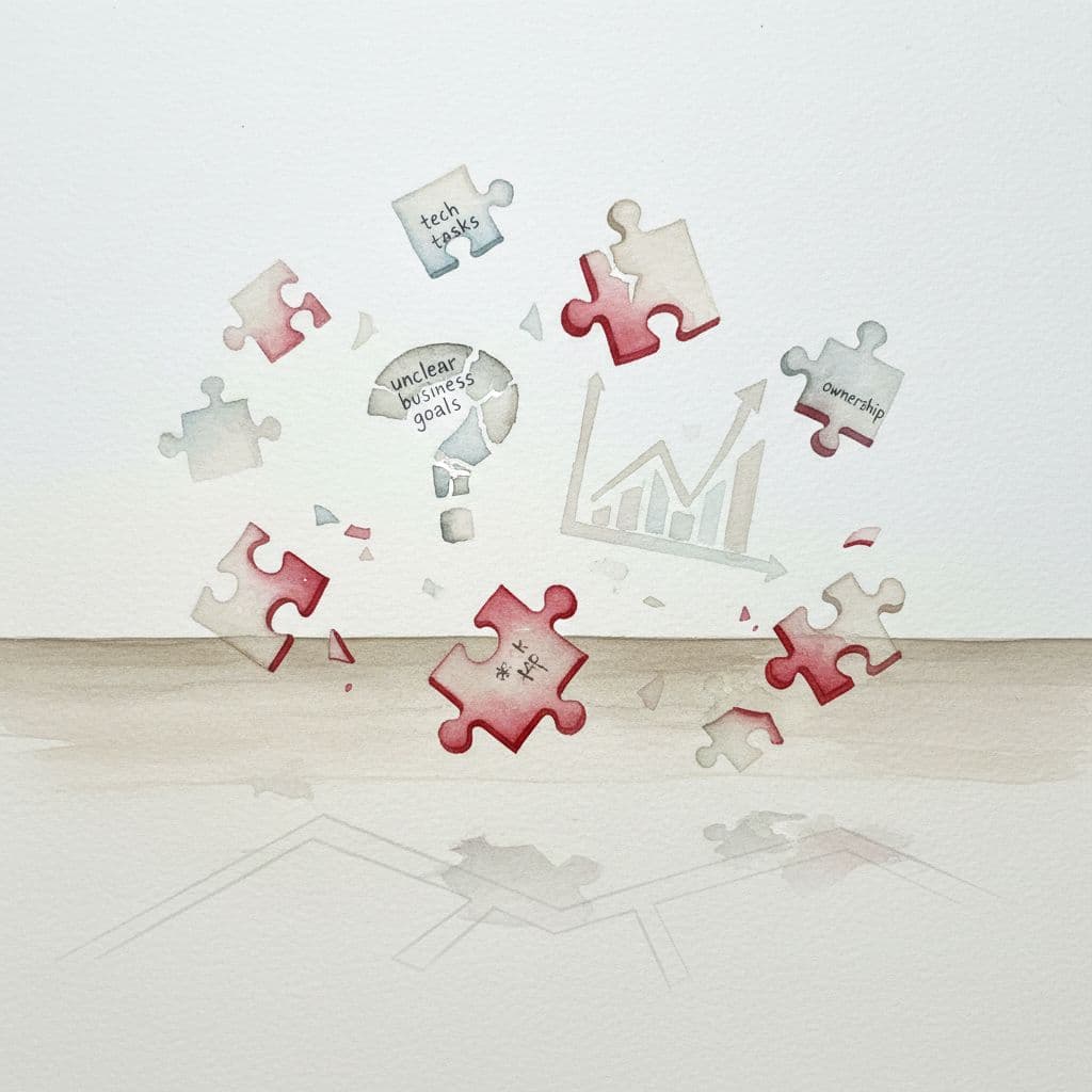 Scattered puzzle pieces float above a simple desk with faint roadmap outline in watercolor style.