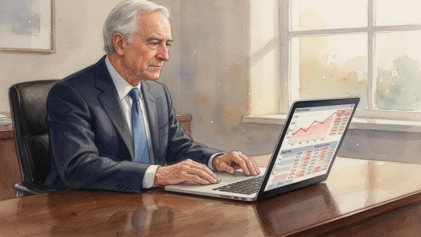 Senior executive at wooden desk reviews pricing chart on angled laptop screen in watercolor style.