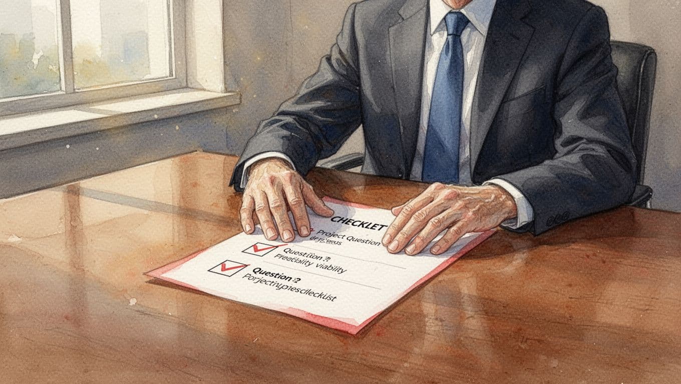 Senior executive at wooden desk examines three-question checklist on paper, hands resting lightly, watercolor style.