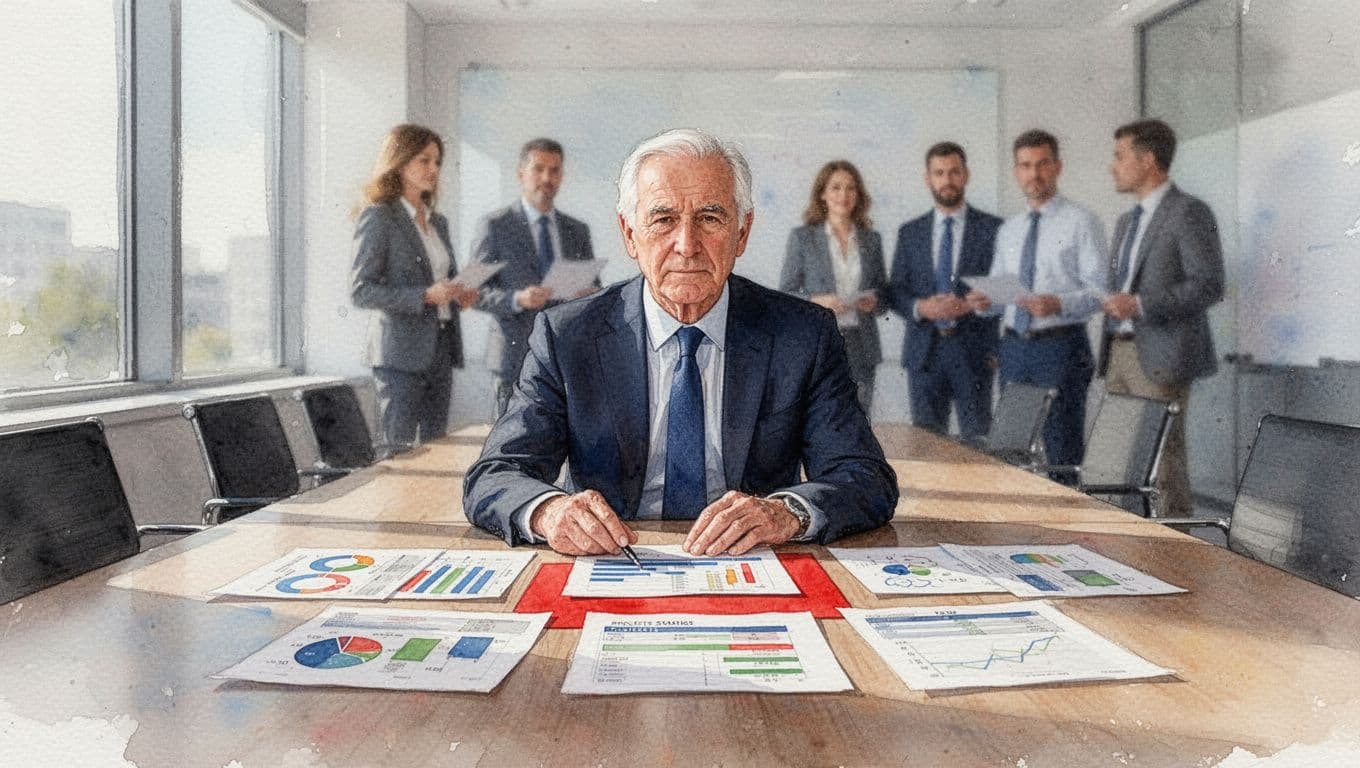 Senior executive at conference table examines charts and budgets, soft-focus team in background, watercolor style.