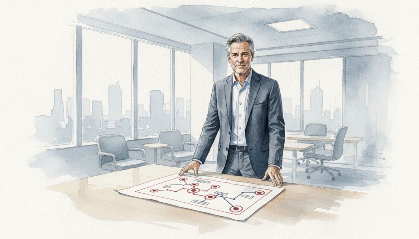 Senior leader stands at desk reviewing paper roadmap with red accents in muted blue-gray watercolor office.