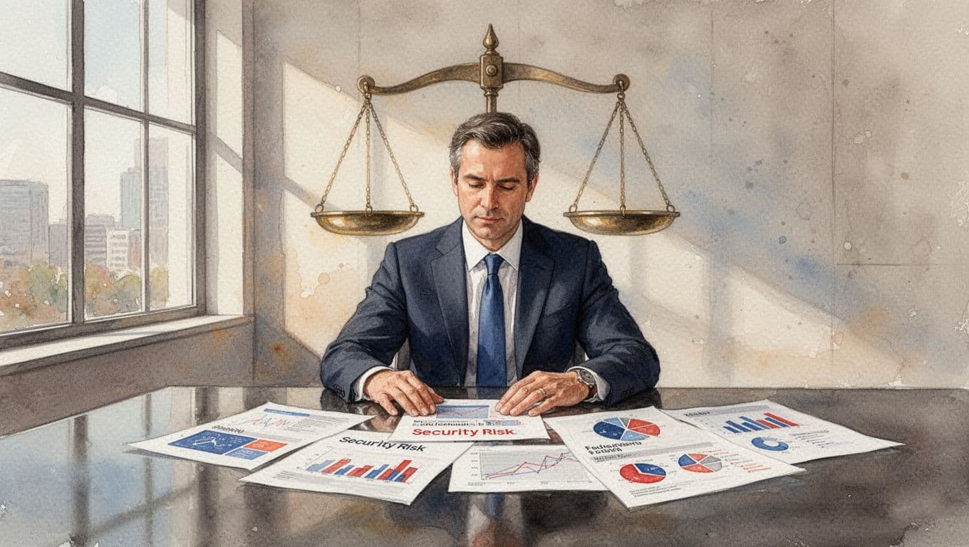 Senior executive reviews security reports and charts on desk with balanced scales in background, watercolor style.